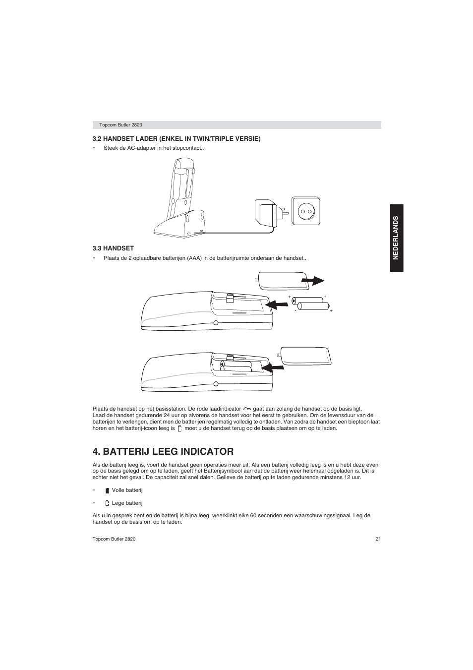 Batterij leeg indicator | Topcom BUTLER 2820 User Manual | Page 21 / 56