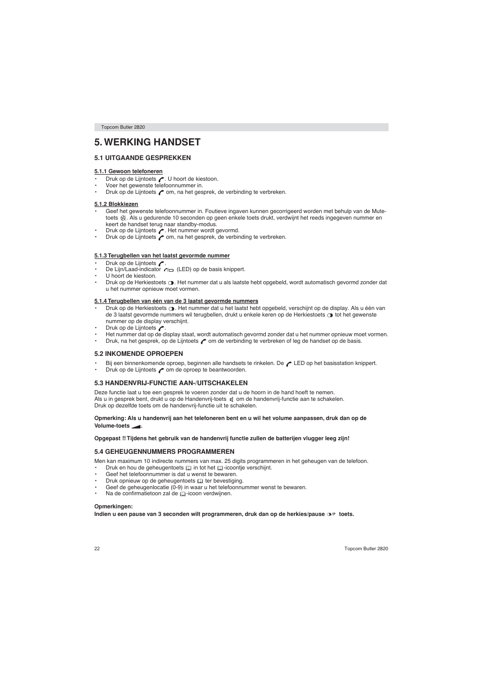 Werking handset | Topcom BUTLER 2820 User Manual | Page 22 / 56