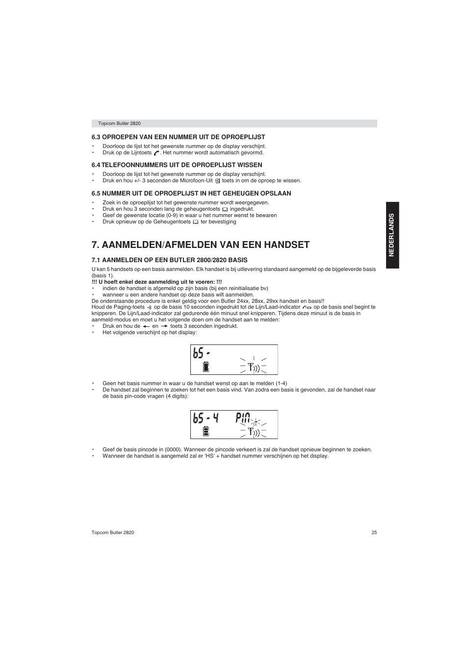 Aanmelden/afmelden van een handset | Topcom BUTLER 2820 User Manual | Page 25 / 56