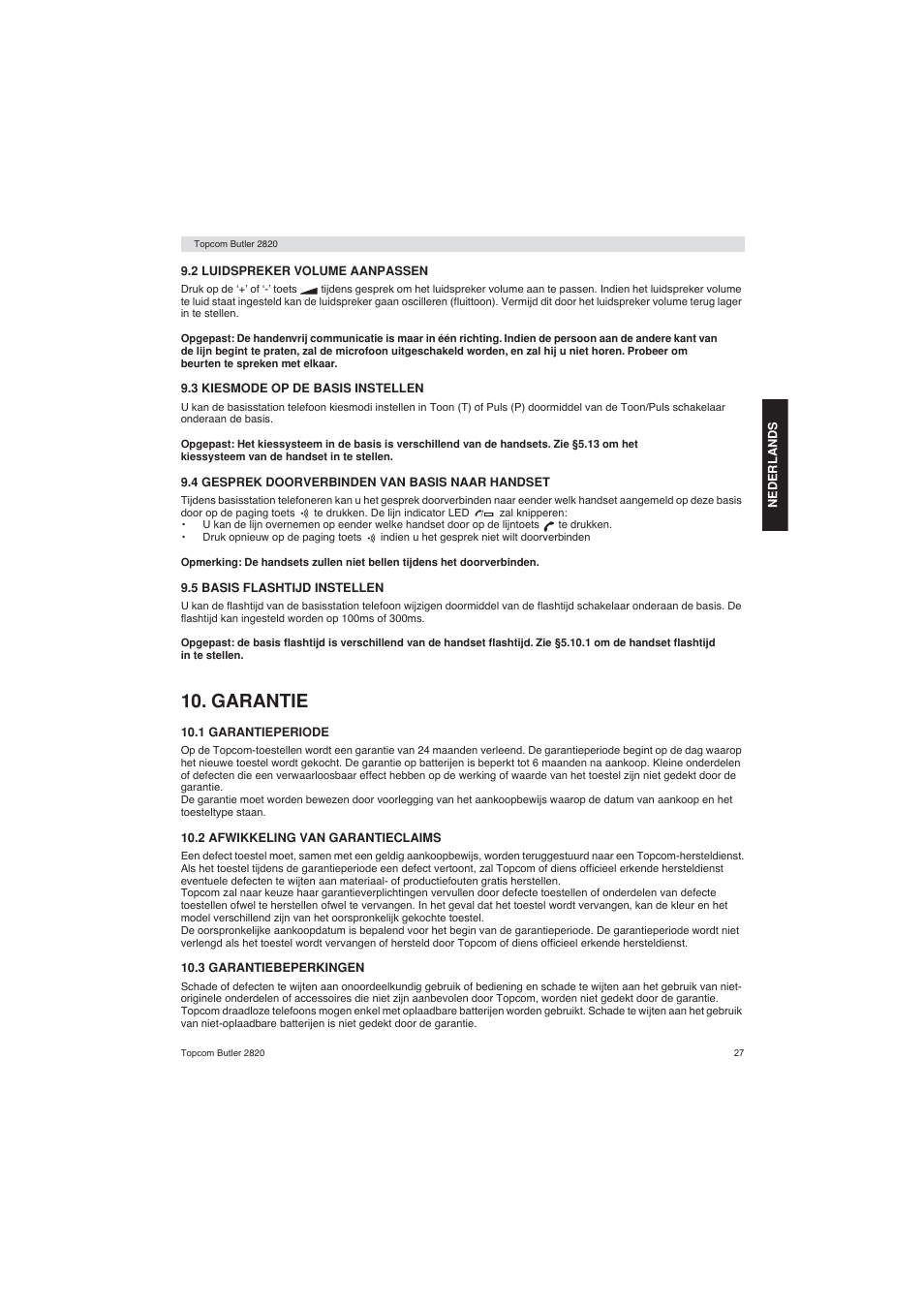 Garantie | Topcom BUTLER 2820 User Manual | Page 27 / 56