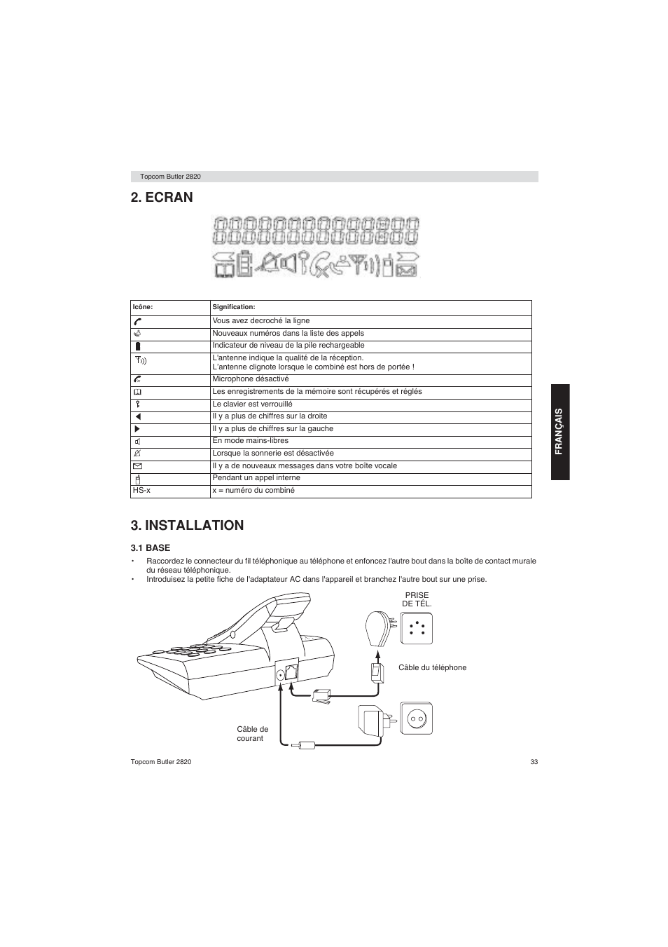 Ecran 3. installation | Topcom BUTLER 2820 User Manual | Page 33 / 56