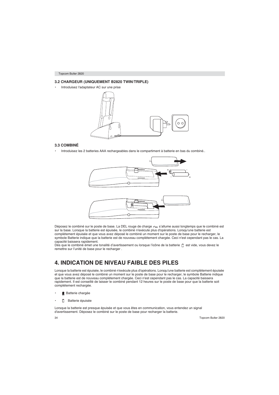 Indication de niveau faible des piles | Topcom BUTLER 2820 User Manual | Page 34 / 56