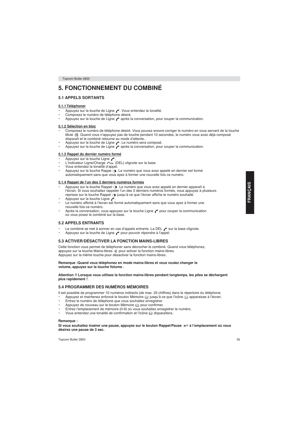 Fonctionnement du combiné | Topcom BUTLER 2820 User Manual | Page 35 / 56