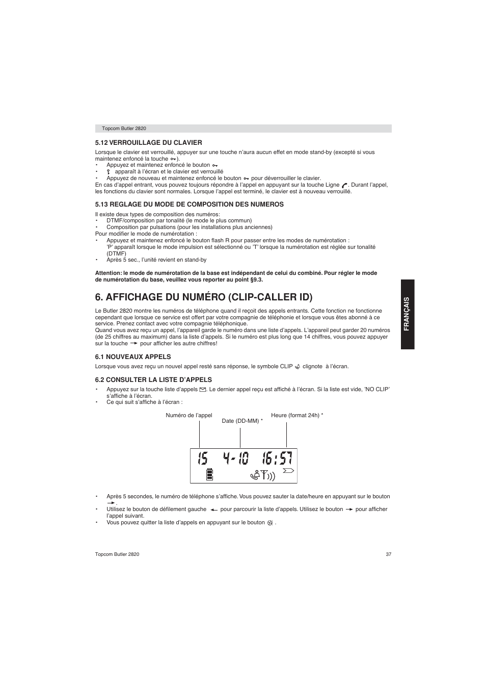 Affichage du numéro (clip-caller id) | Topcom BUTLER 2820 User Manual | Page 37 / 56