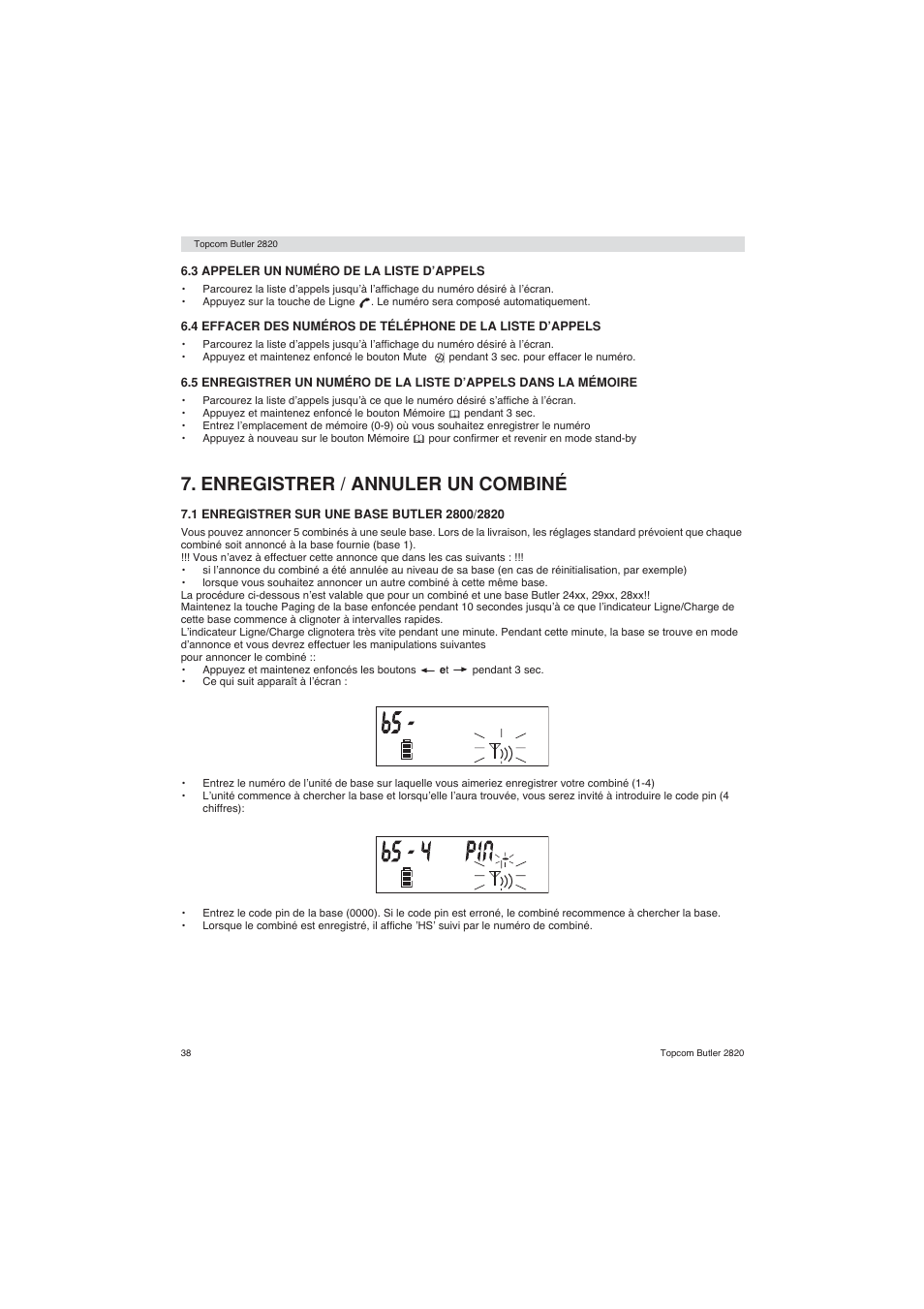 Enregistrer / annuler un combiné | Topcom BUTLER 2820 User Manual | Page 38 / 56