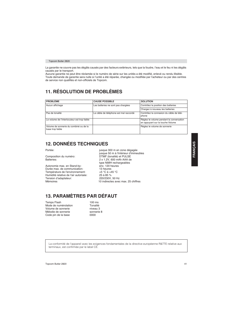 Résolution de problèmes 12. données techniques, Paramètres par défaut | Topcom BUTLER 2820 User Manual | Page 41 / 56