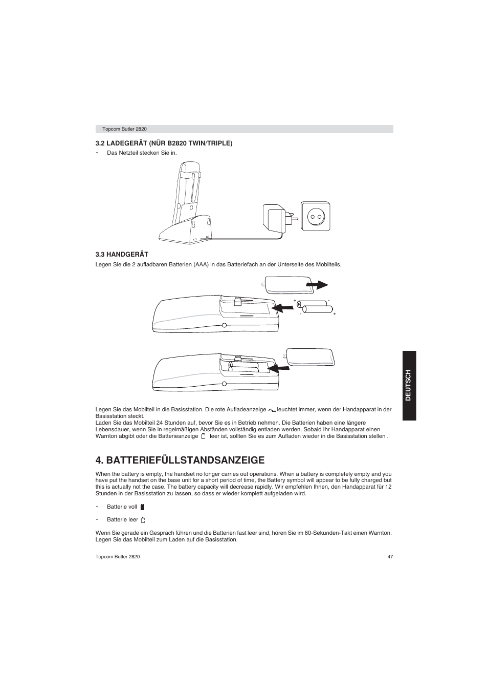 Batteriefüllstandsanzeige | Topcom BUTLER 2820 User Manual | Page 47 / 56