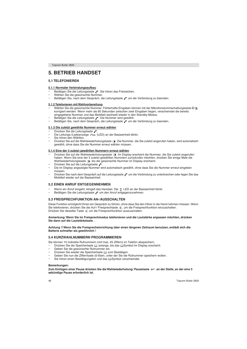 Betrieb handset | Topcom BUTLER 2820 User Manual | Page 48 / 56