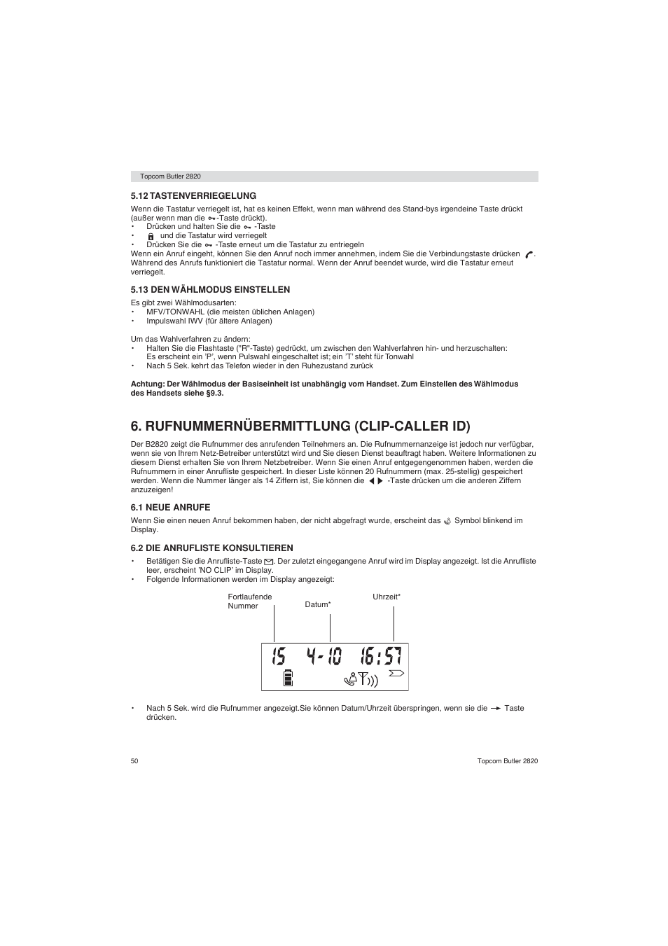 Rufnummernübermittlung (clip-caller id) | Topcom BUTLER 2820 User Manual | Page 50 / 56