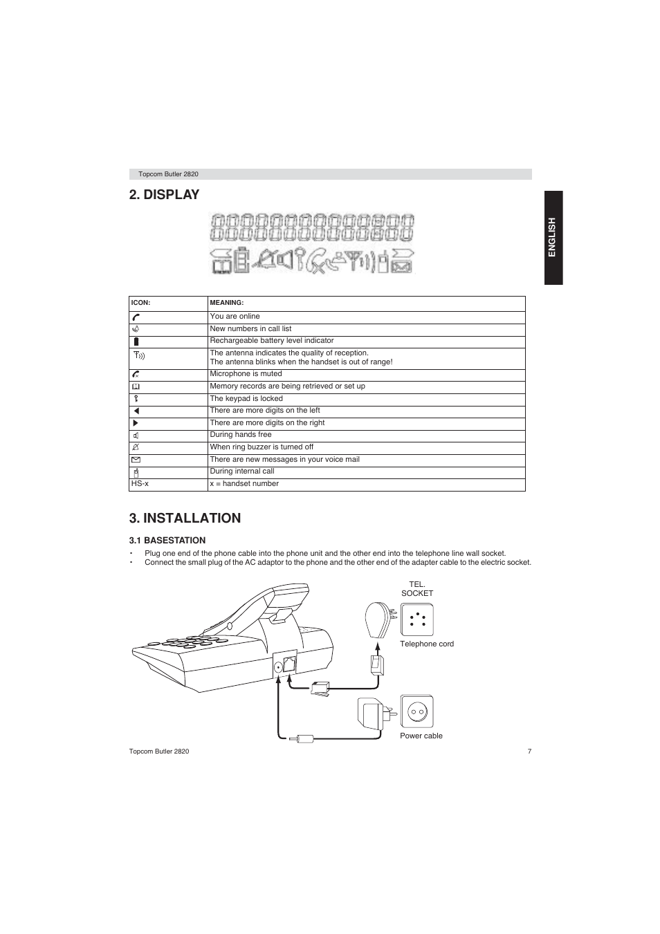 Display 3. installation | Topcom BUTLER 2820 User Manual | Page 7 / 56