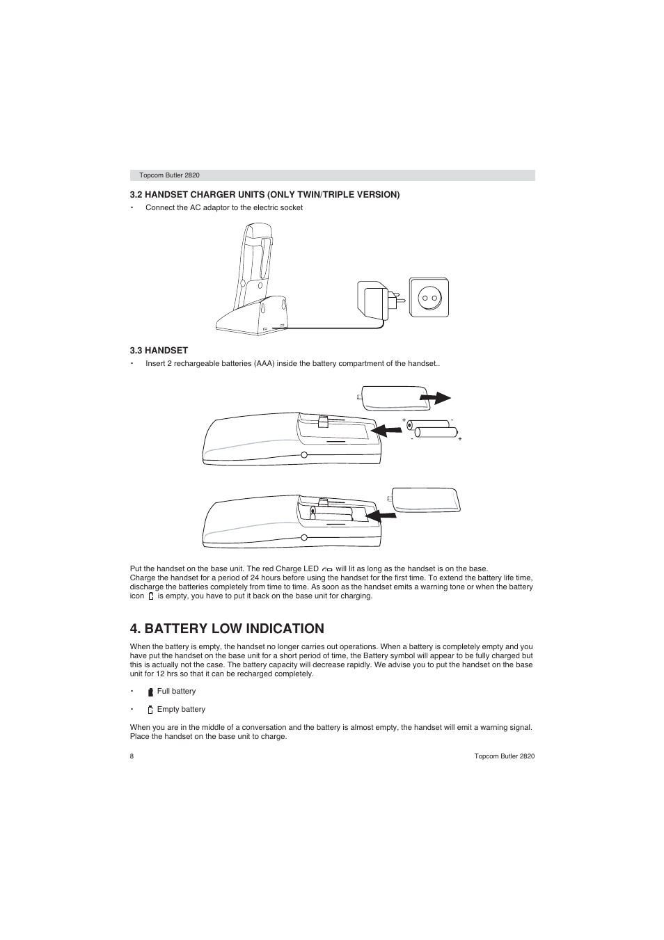Battery low indication | Topcom BUTLER 2820 User Manual | Page 8 / 56