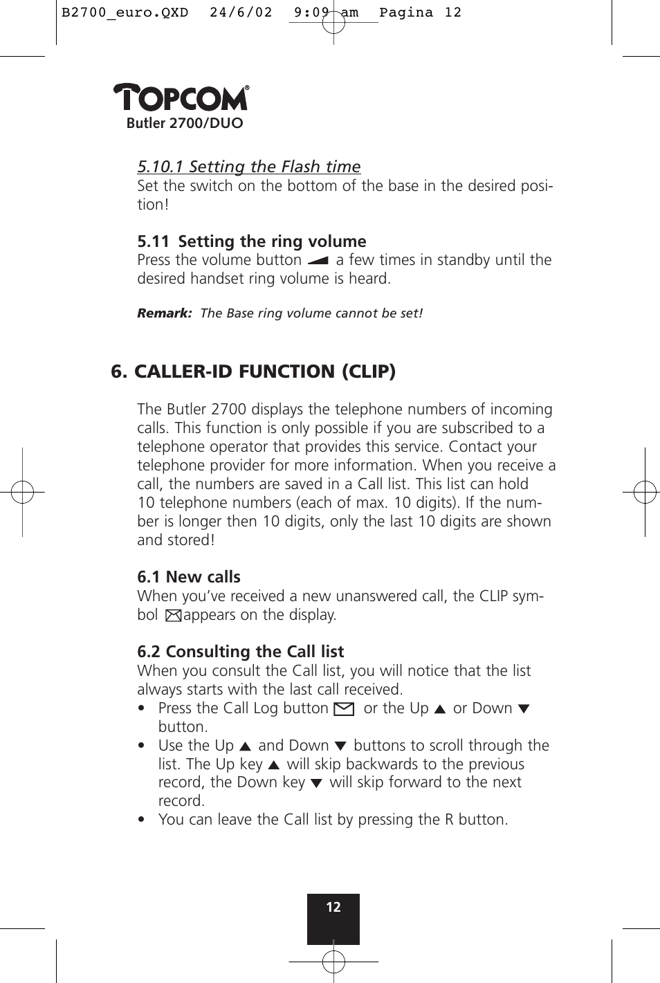 Caller-id function (clip) | Topcom BUTLER 2700 User Manual | Page 12 / 58