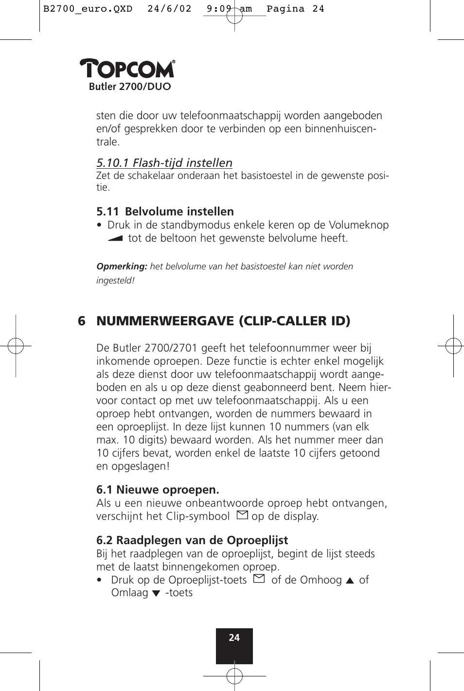 6 nummerweergave (clip-caller id) | Topcom BUTLER 2700 User Manual | Page 24 / 58