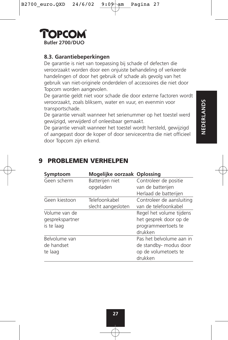 9 problemen verhelpen | Topcom BUTLER 2700 User Manual | Page 27 / 58