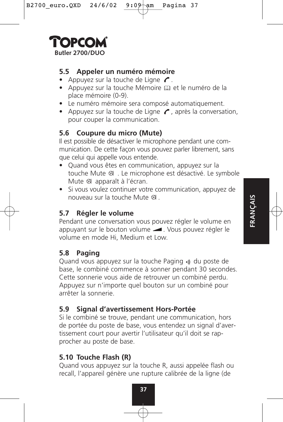 Topcom BUTLER 2700 User Manual | Page 37 / 58