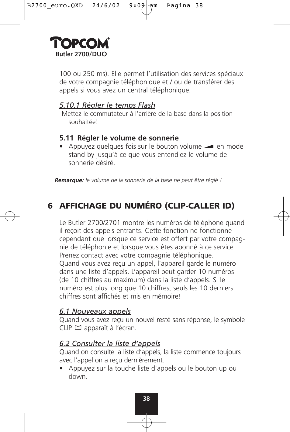 6 affichage du numéro (clip-caller id) | Topcom BUTLER 2700 User Manual | Page 38 / 58