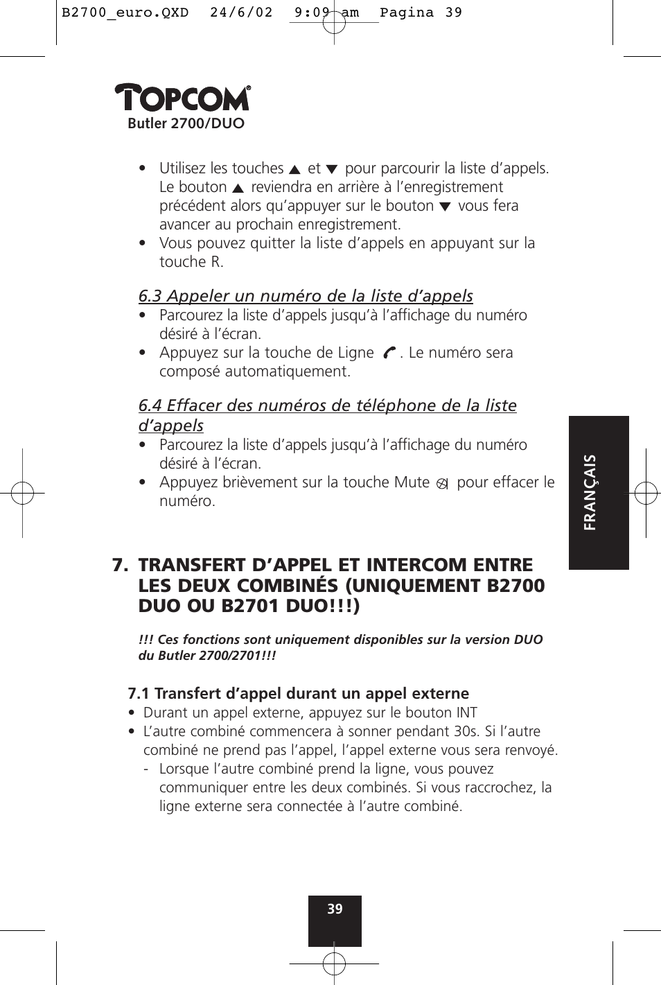 Topcom BUTLER 2700 User Manual | Page 39 / 58