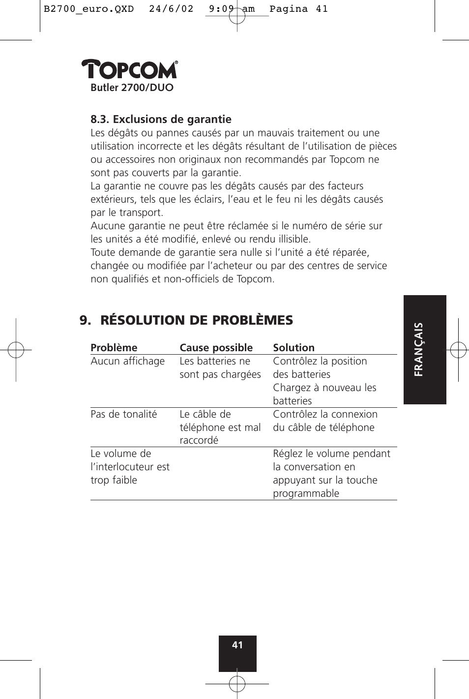 Résolution de problèmes | Topcom BUTLER 2700 User Manual | Page 41 / 58