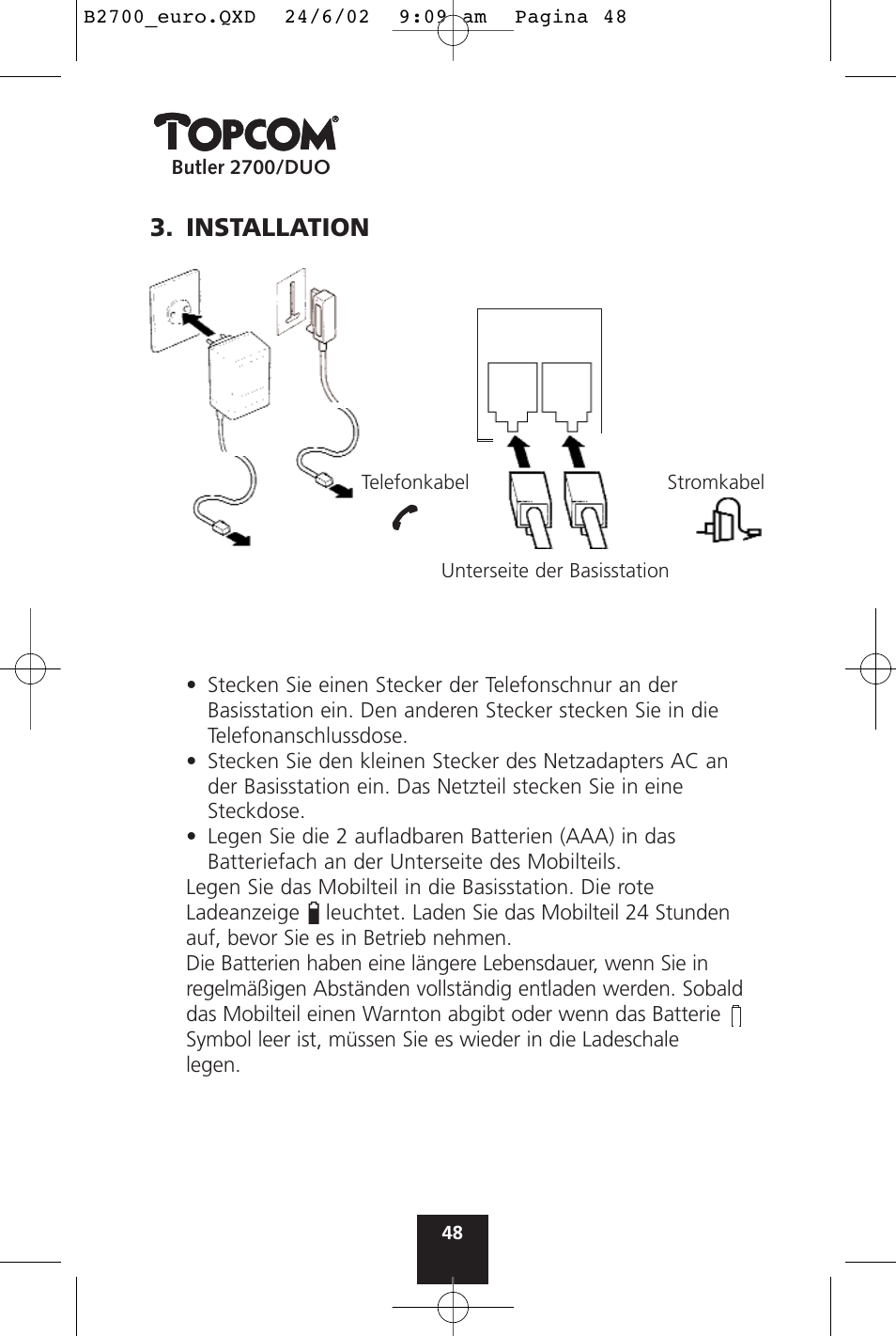 Installation | Topcom BUTLER 2700 User Manual | Page 48 / 58