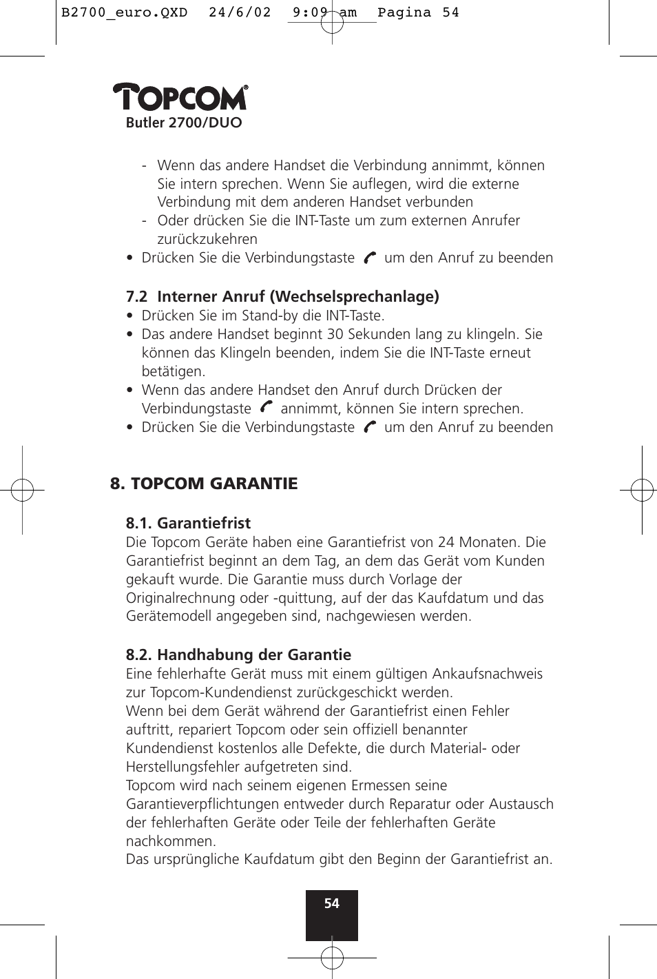 Topcom BUTLER 2700 User Manual | Page 54 / 58