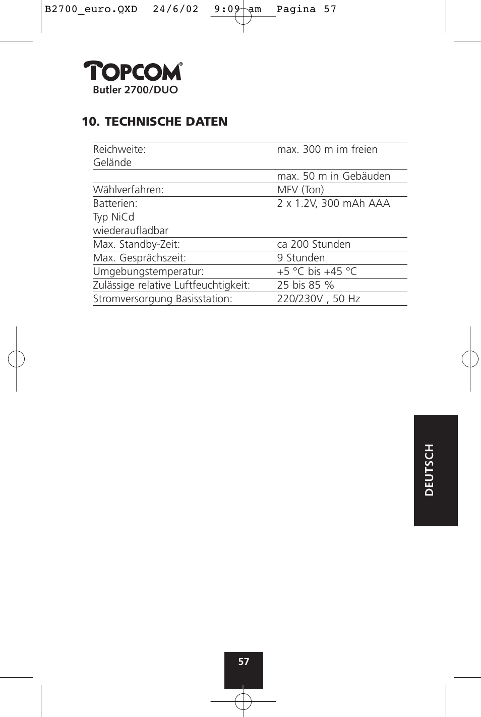 Topcom BUTLER 2700 User Manual | Page 57 / 58