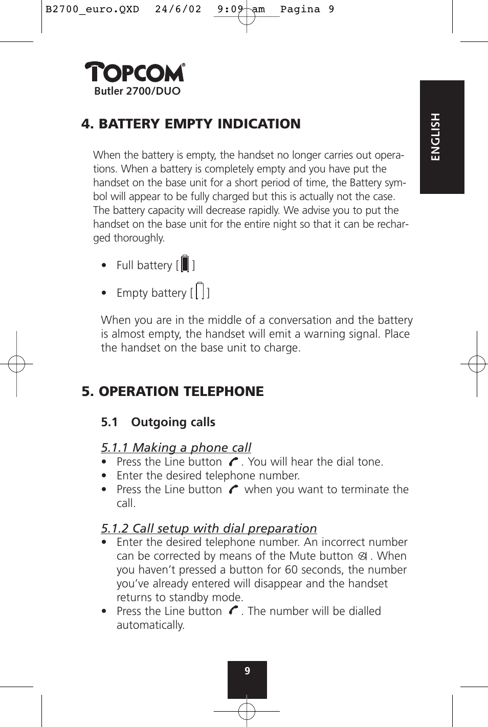 Battery empty indication, Operation telephone | Topcom BUTLER 2700 User Manual | Page 9 / 58
