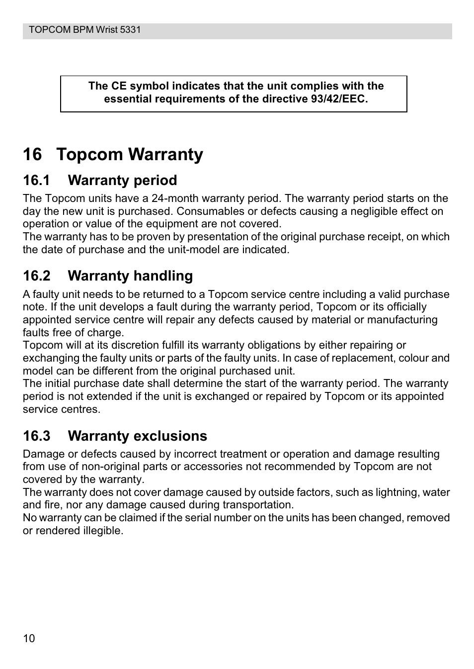 16 topcom warranty | Topcom CE0197 5331 User Manual | Page 10 / 72