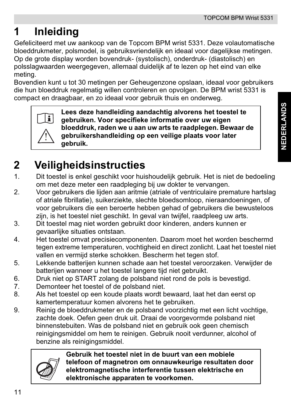 1inleiding, 2veiligheidsinstructies | Topcom CE0197 5331 User Manual | Page 11 / 72