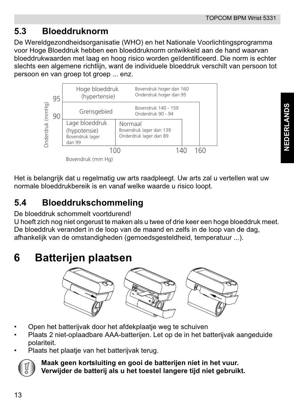 6batterijen plaatsen, 3 bloeddruknorm, 4 bloeddrukschommeling | Topcom CE0197 5331 User Manual | Page 13 / 72