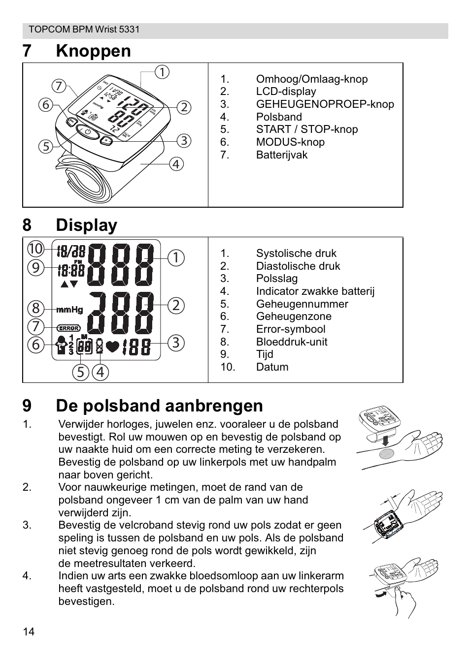 7knoppen 8 display 9 de polsband aanbrengen | Topcom CE0197 5331 User Manual | Page 14 / 72