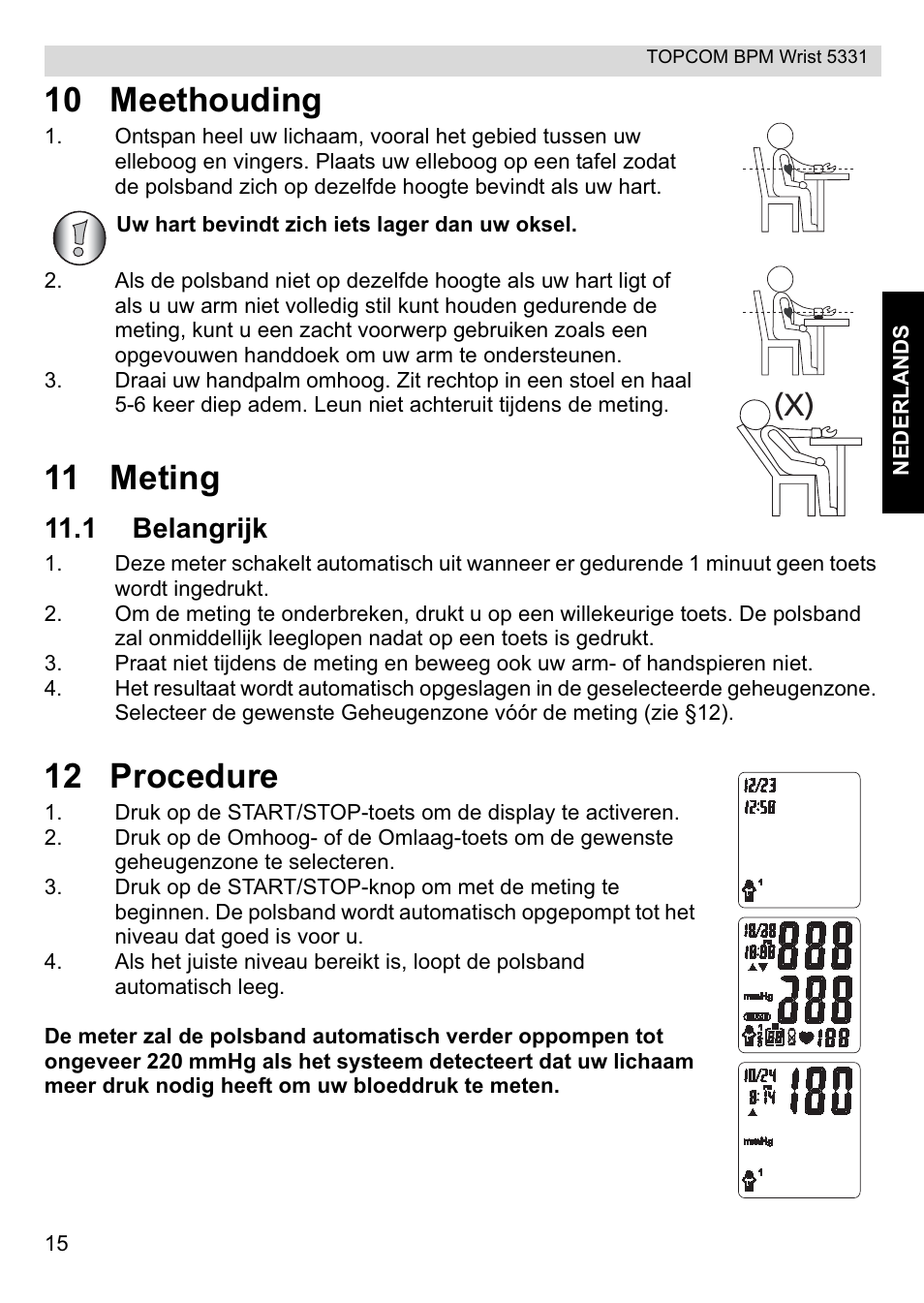 10 meethouding, 11 meting, 12 procedure | 1 belangrijk | Topcom CE0197 5331 User Manual | Page 15 / 72