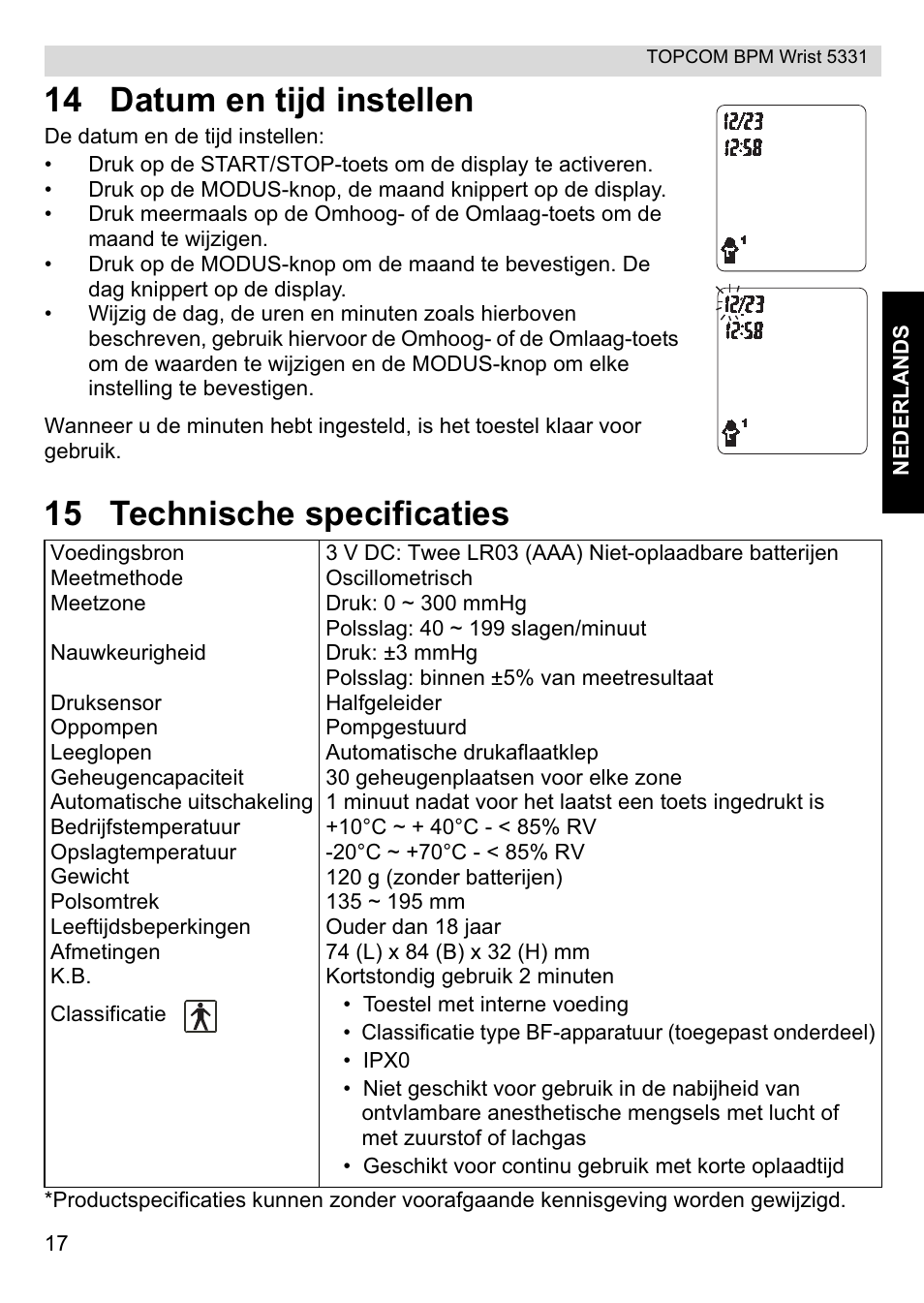 14 datum en tijd instellen, 15 technische specificaties | Topcom CE0197 5331 User Manual | Page 17 / 72