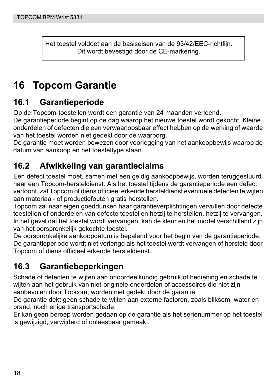 16 topcom garantie | Topcom CE0197 5331 User Manual | Page 18 / 72