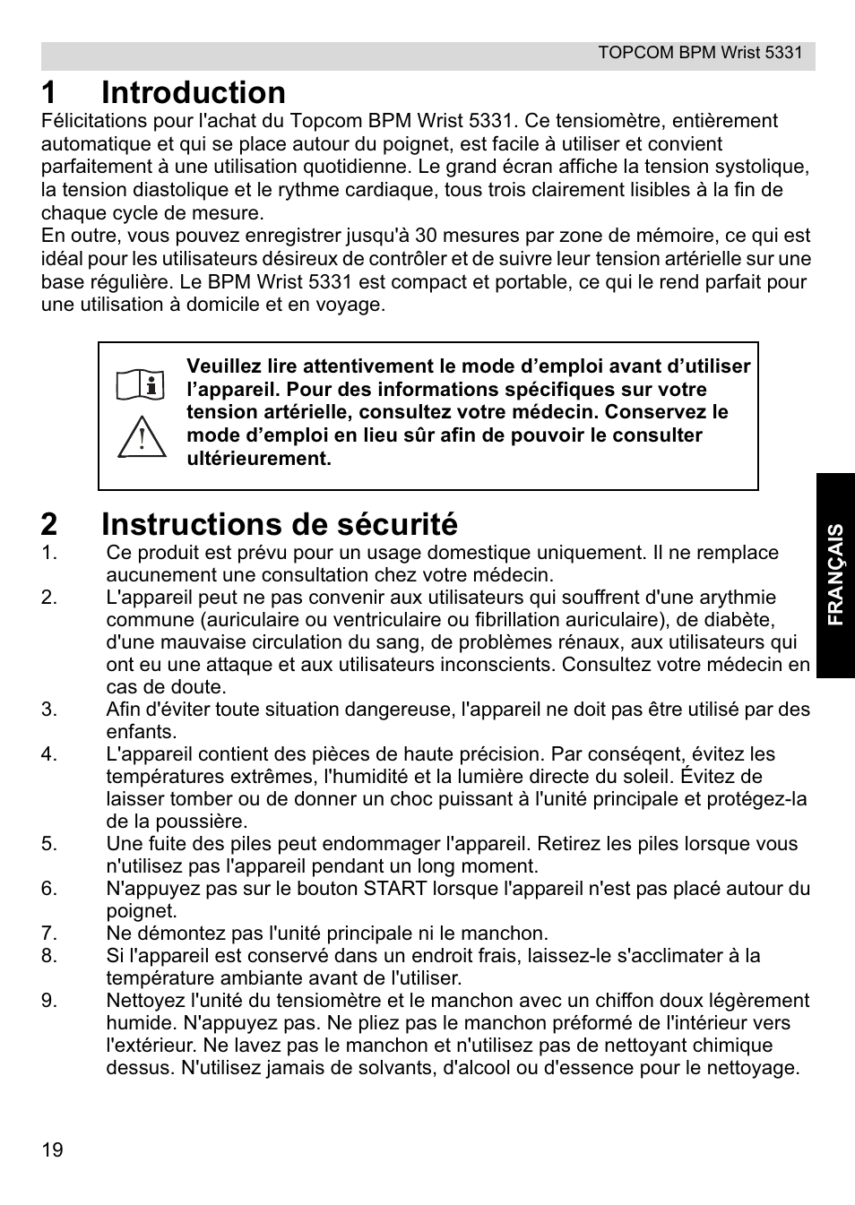 1introduction, 2instructions de sécurité | Topcom CE0197 5331 User Manual | Page 19 / 72