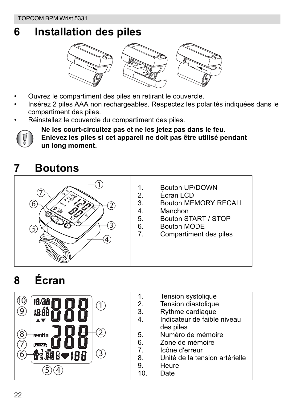 6installation des piles, 7boutons 8 écran | Topcom CE0197 5331 User Manual | Page 22 / 72