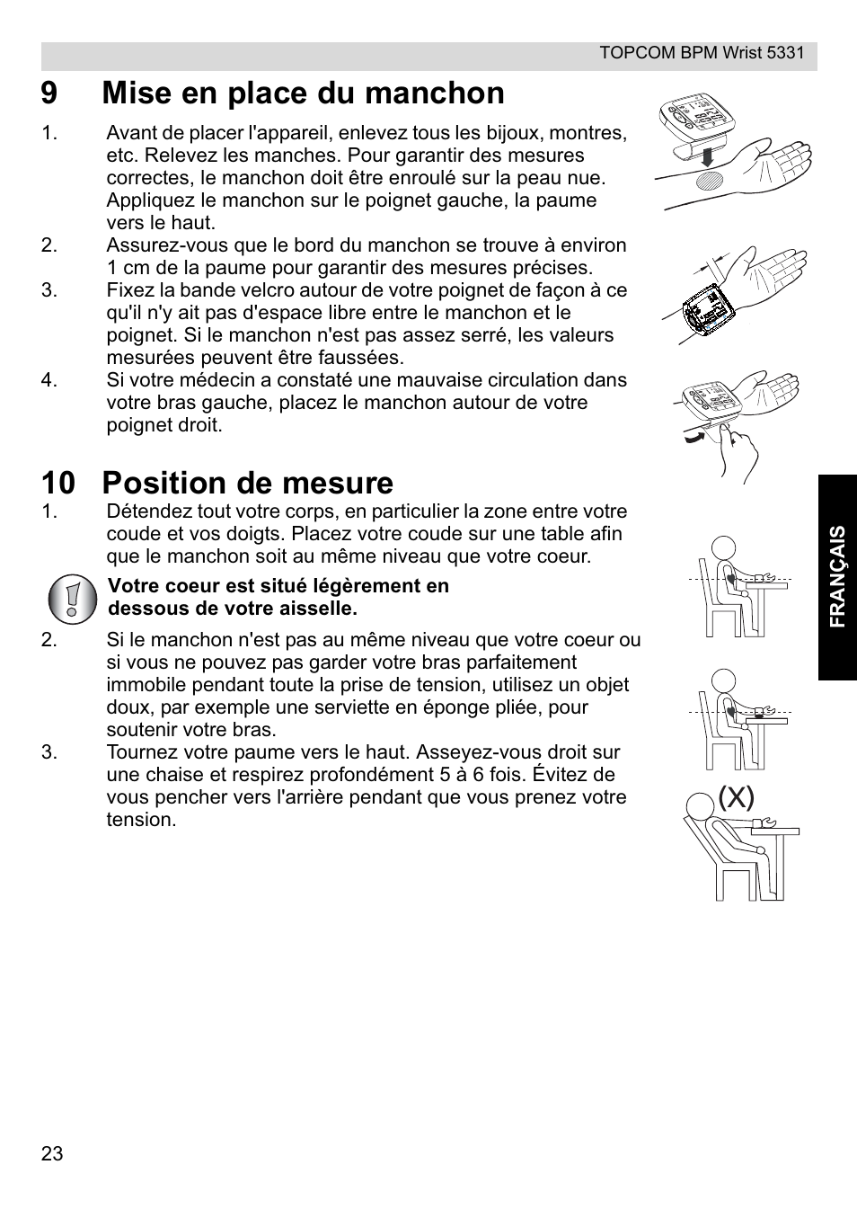 9mise en place du manchon, 10 position de mesure | Topcom CE0197 5331 User Manual | Page 23 / 72