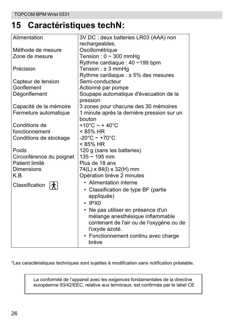 15 caractéristiques techn | Topcom CE0197 5331 User Manual | Page 26 / 72