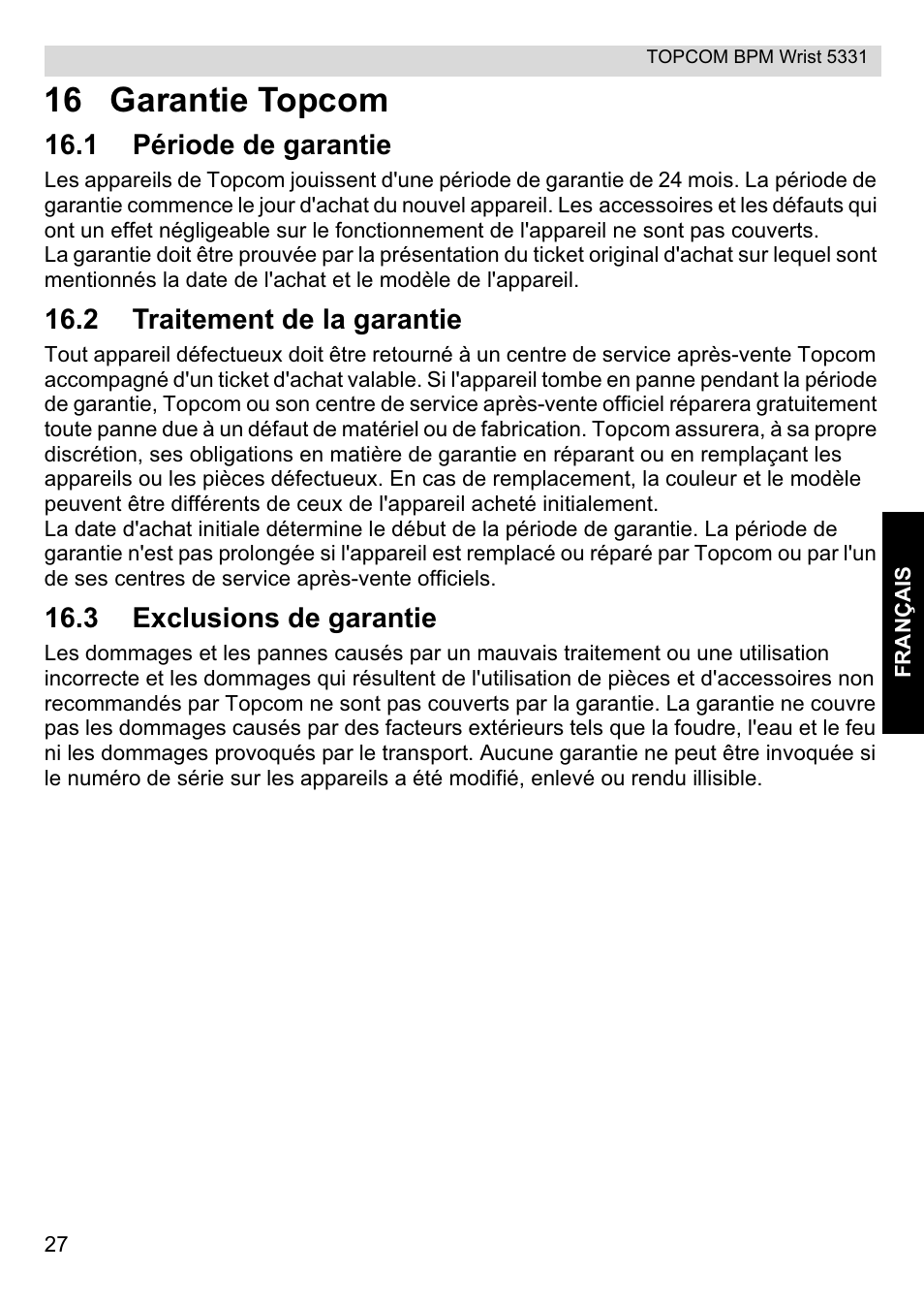 16 garantie topcom | Topcom CE0197 5331 User Manual | Page 27 / 72