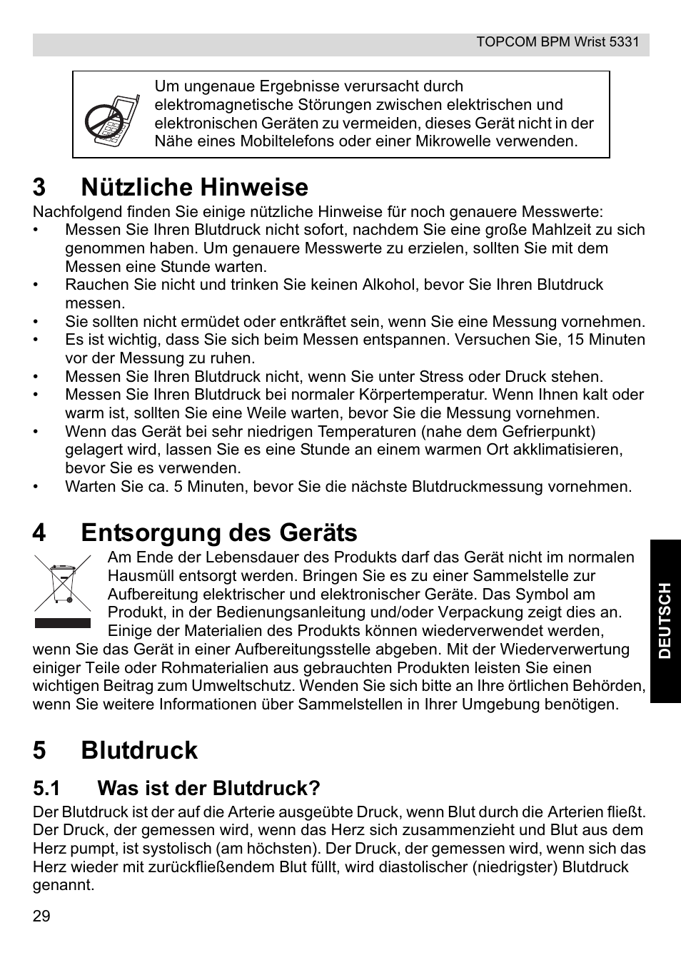 3nützliche hinweise, 4entsorgung des geräts, 5blutdruck | 1 was ist der blutdruck | Topcom CE0197 5331 User Manual | Page 29 / 72