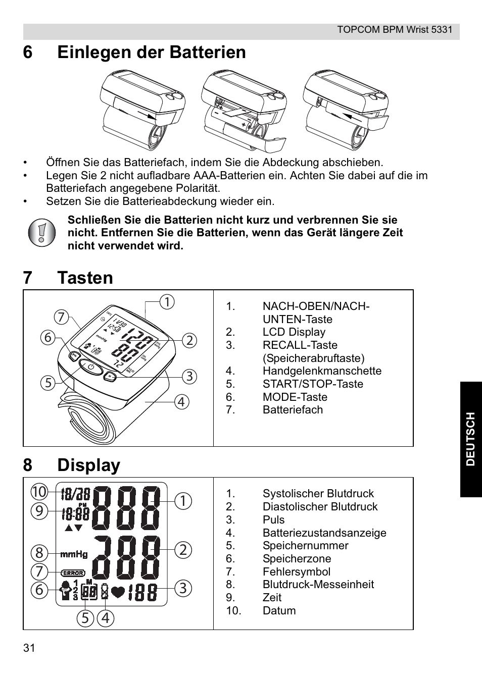 6einlegen der batterien, 7tasten 8 display | Topcom CE0197 5331 User Manual | Page 31 / 72