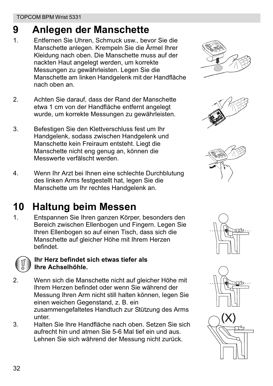 9anlegen der manschette, 10 haltung beim messen | Topcom CE0197 5331 User Manual | Page 32 / 72