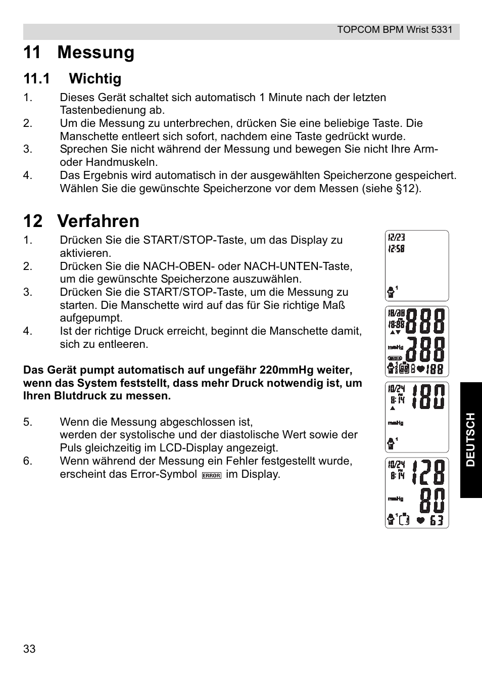 11 messung, 12 verfahren, 1 wichtig | Topcom CE0197 5331 User Manual | Page 33 / 72