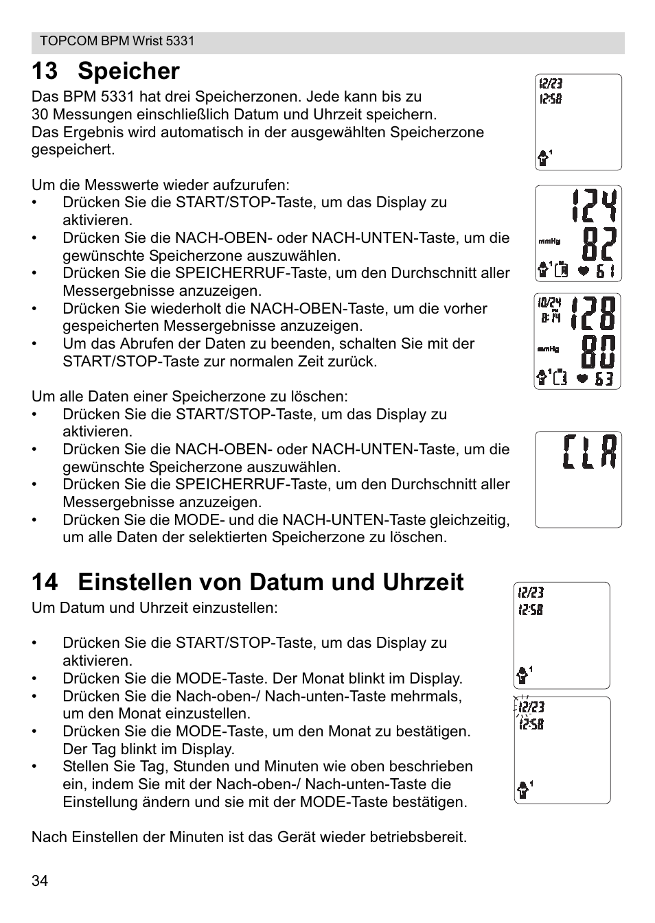 13 speicher, 14 einstellen von datum und uhrzeit | Topcom CE0197 5331 User Manual | Page 34 / 72