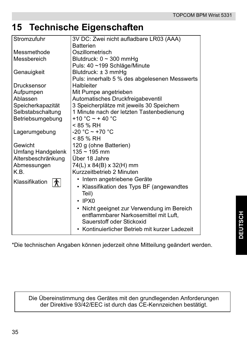 15 technische eigenschaften | Topcom CE0197 5331 User Manual | Page 35 / 72