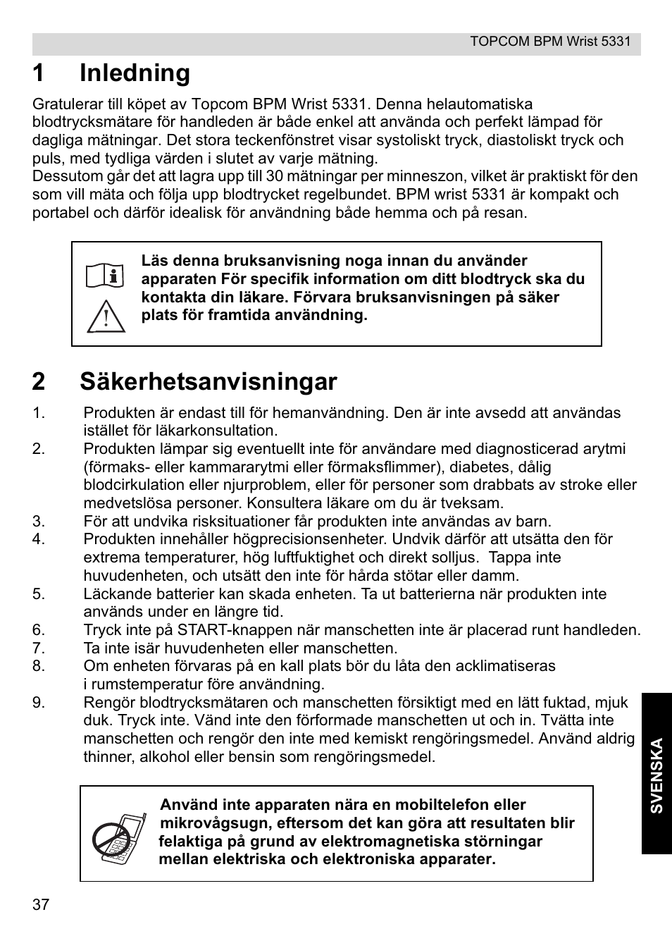 1inledning, 2säkerhetsanvisningar | Topcom CE0197 5331 User Manual | Page 37 / 72