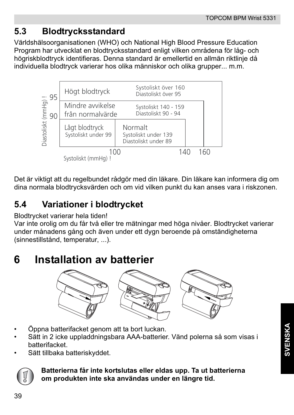 6installation av batterier, 3 blodtrycksstandard, 4 variationer i blodtrycket | Topcom CE0197 5331 User Manual | Page 39 / 72