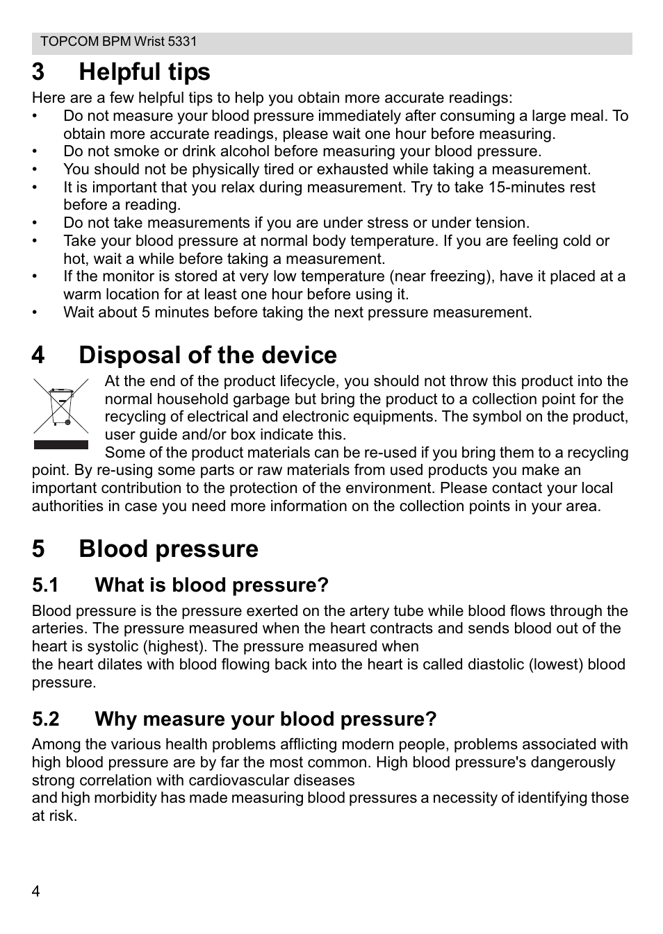 3helpful tips, 4disposal of the device, 5blood pressure | 1 what is blood pressure, 2 why measure your blood pressure | Topcom CE0197 5331 User Manual | Page 4 / 72