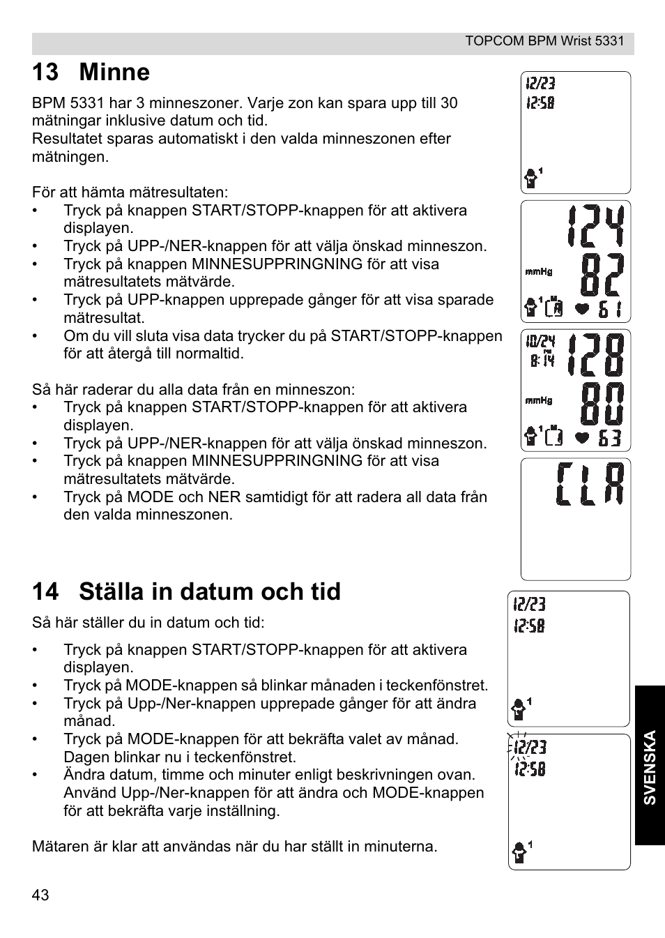 13 minne, 14 ställa in datum och tid | Topcom CE0197 5331 User Manual | Page 43 / 72