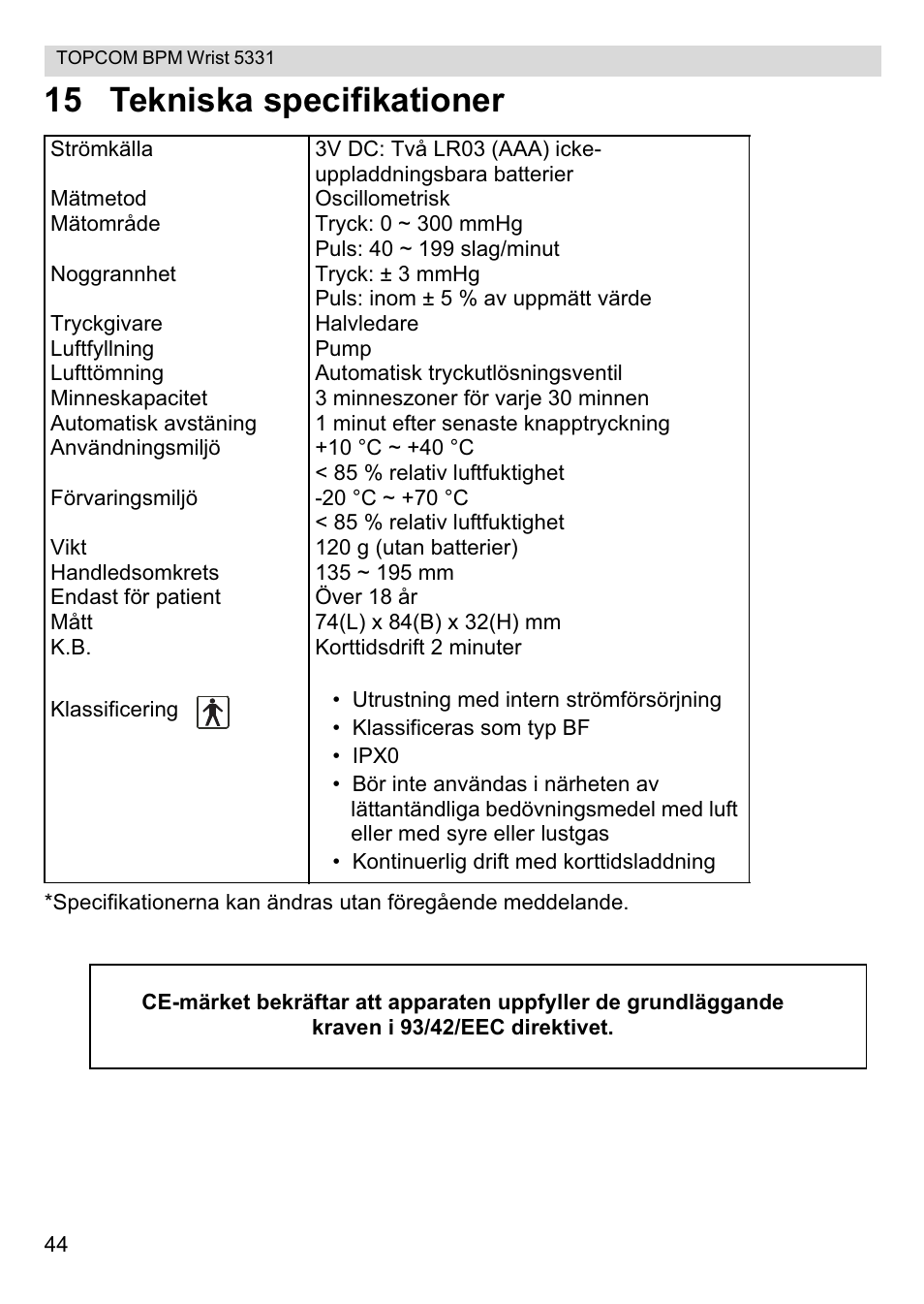 15 tekniska specifikationer | Topcom CE0197 5331 User Manual | Page 44 / 72