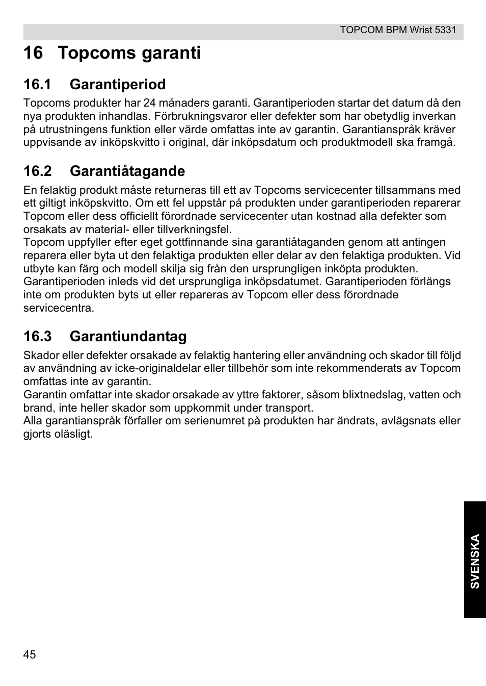 16 topcoms garanti | Topcom CE0197 5331 User Manual | Page 45 / 72